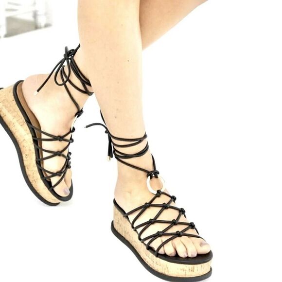 ASOS Cork Wedge Gladiator Sandal Women's Size 9 Black New Without Box - Picture 2 of 9